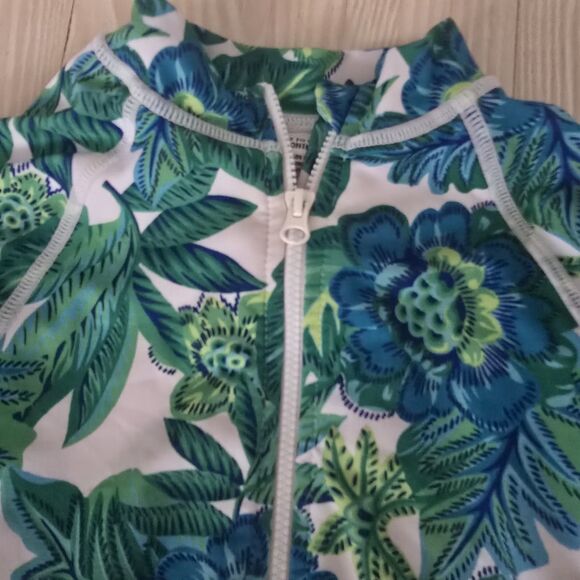 JANIE and JACK Sz 12-18 mon One Piece Swim Suit Rash Guard Green Tropical Print - Picture 2 of 6